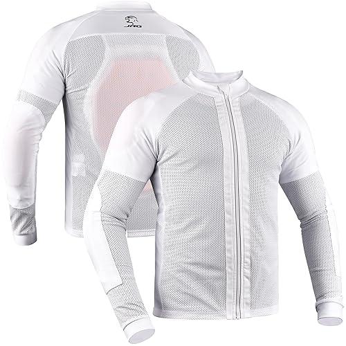 Breathable Mesh Motorcycle Base Layer Jacket | CE Armor Ready Protective Riding Shirt | Lightweight Full-Zip Compression Riding Gear | White