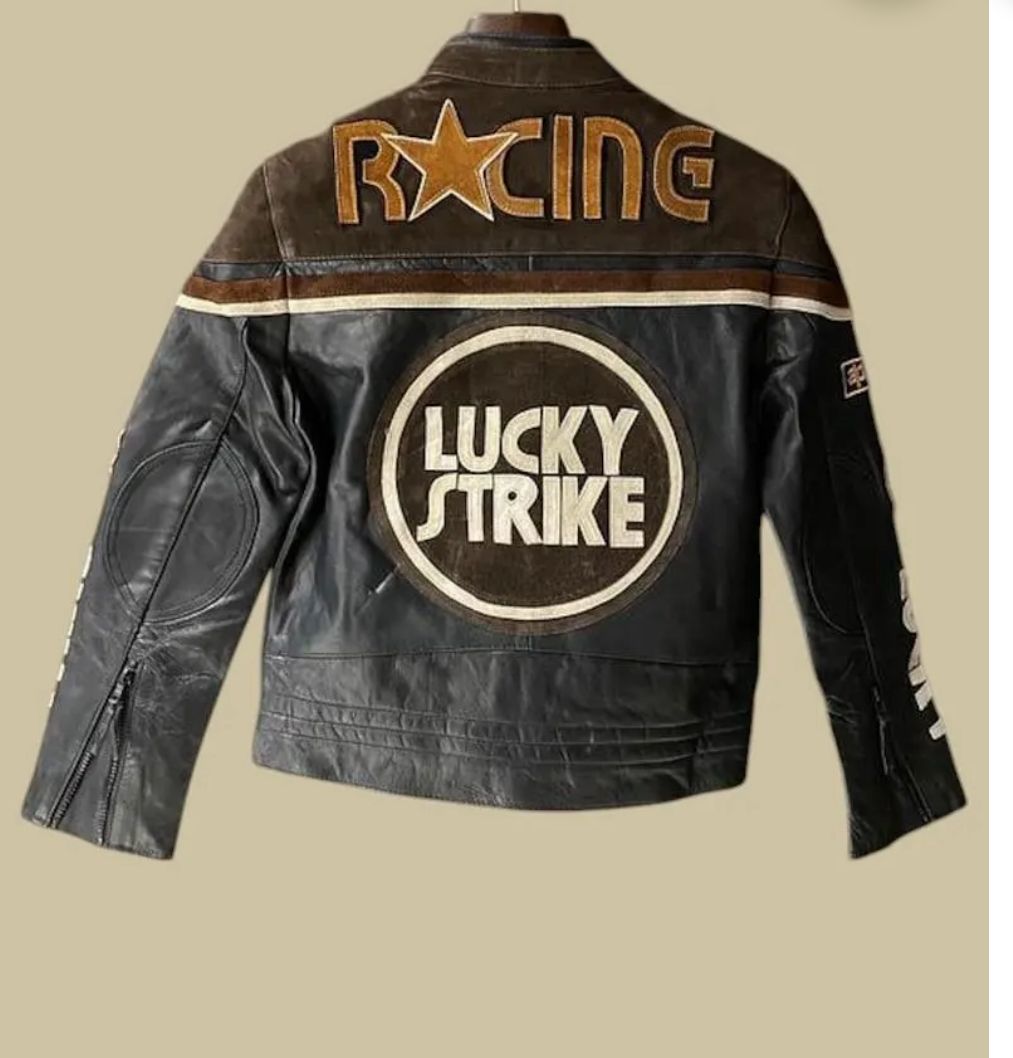 Lucky Strike Racing Vintage Black Leather Motorcycle Jacket | Cafe Racer Biker Jacket