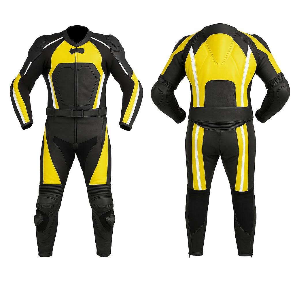 Custom Black & Yellow Motorcycle Racing Leather Suit – CE Armor Biker Riding Suit for Men