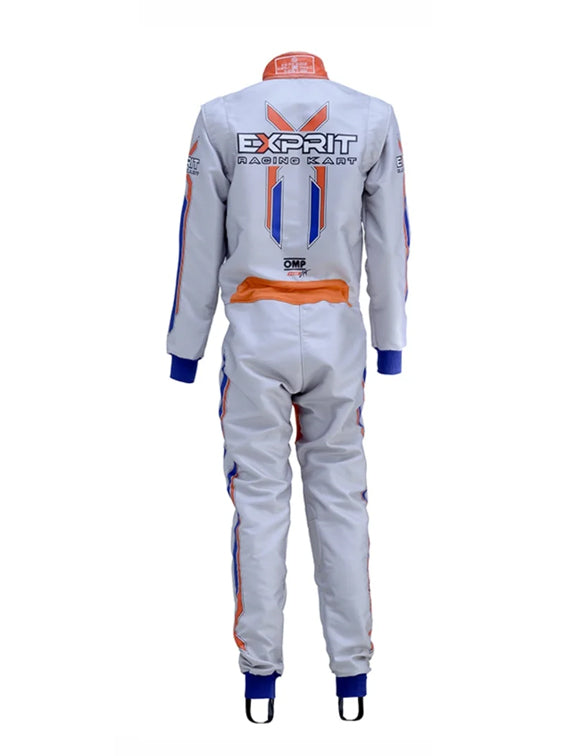 Exprit Racing Kart Suit | Professional FIA-Style Go-Kart Racing Overall | White, Orange & Blue Performance Driver Suit