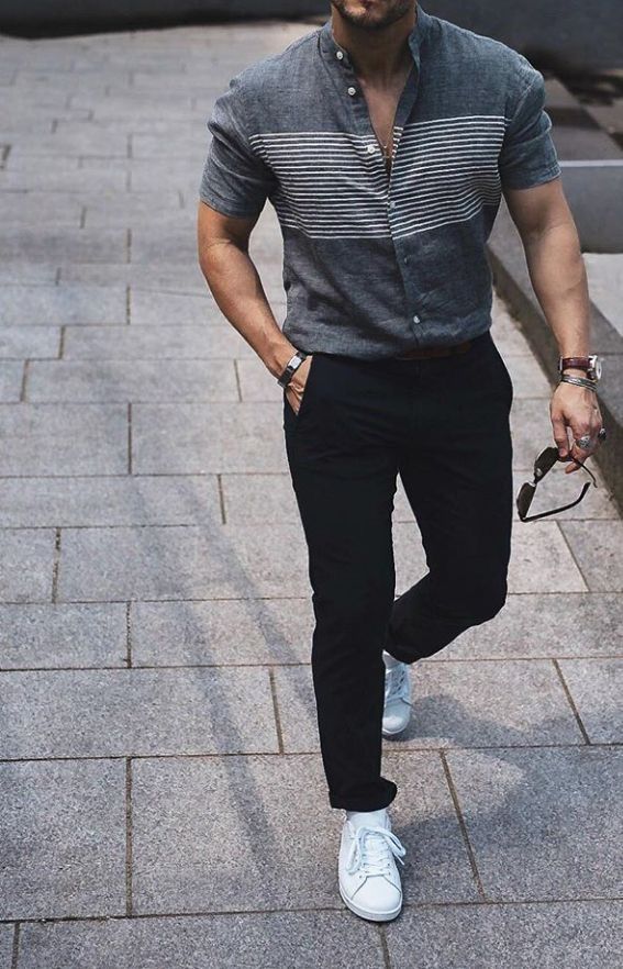 Men's Grey Striped Mandarin Collar Short Sleeve Linen Shirt – Casual Summer Button-Up Top