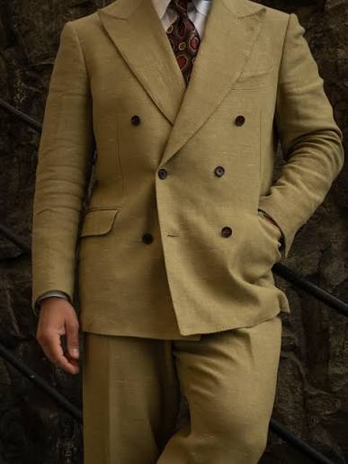 Men's Khaki Double-Breasted Linen Blend Suit – Classic Tailored Formal 6-Button Blazer & Trousers