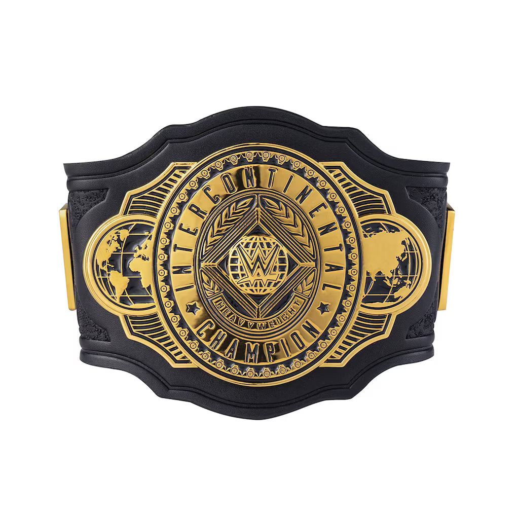 **WWE Intercontinental Championship Replica Title Belt – Black Strap Gold Finish Adult Wrestling Collectible