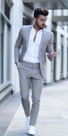 Men's Light Grey Slim Fit Suit Set – Modern Two-Piece Blazer & Trousers with White Dress Shirt | Smart Casual Wedding & Business Attire