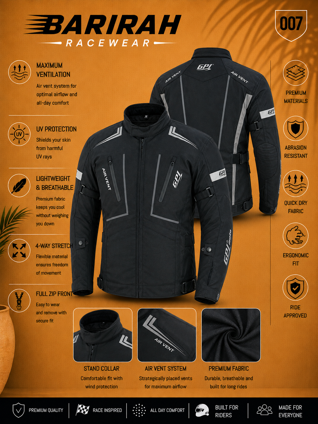Men’s All-Season Premium Soft Adjustable Motorcycle - Black