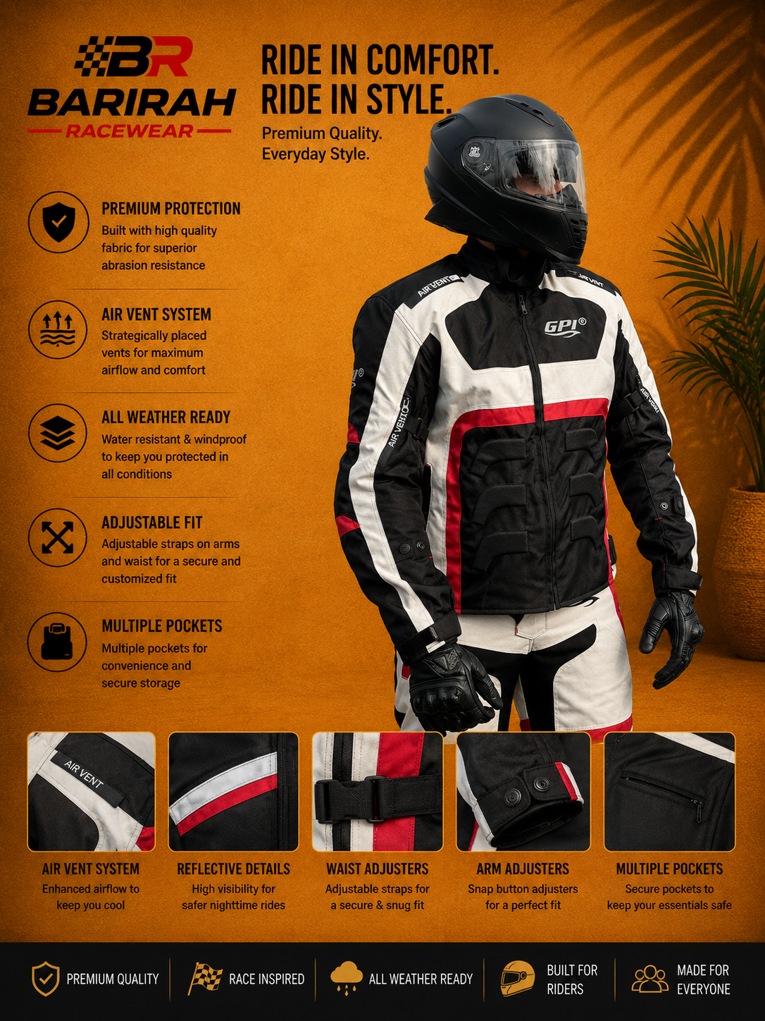 BARIRAH RACEWEAR Men’s All-Season High Premium Quality Waterproof Motorcycle Jacket with 4 Pockets – Black/Beach/Red