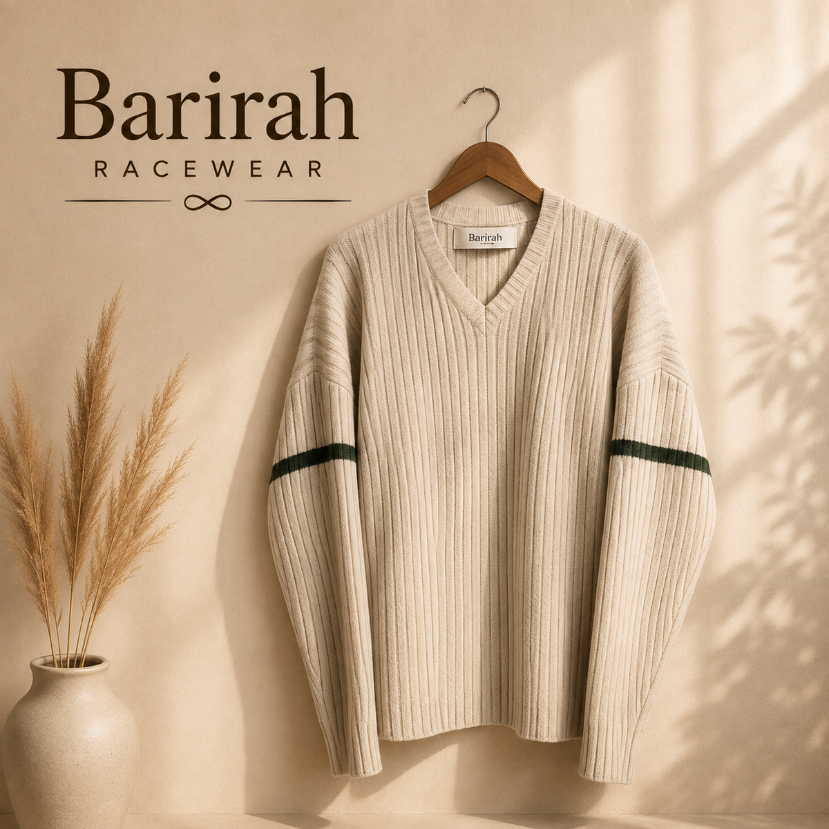 Classic Ribbed V-Neck Sweater - Cream with Green Stripe