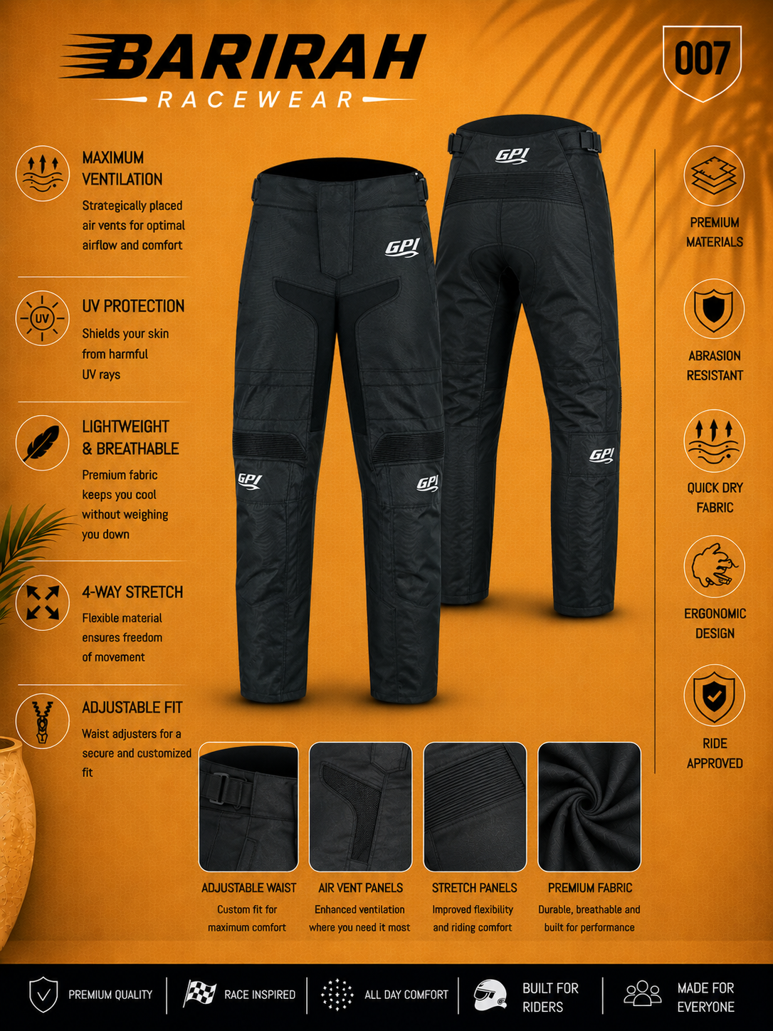 Premium Adjustable Waterproof Motorcycle Pants - Full Black