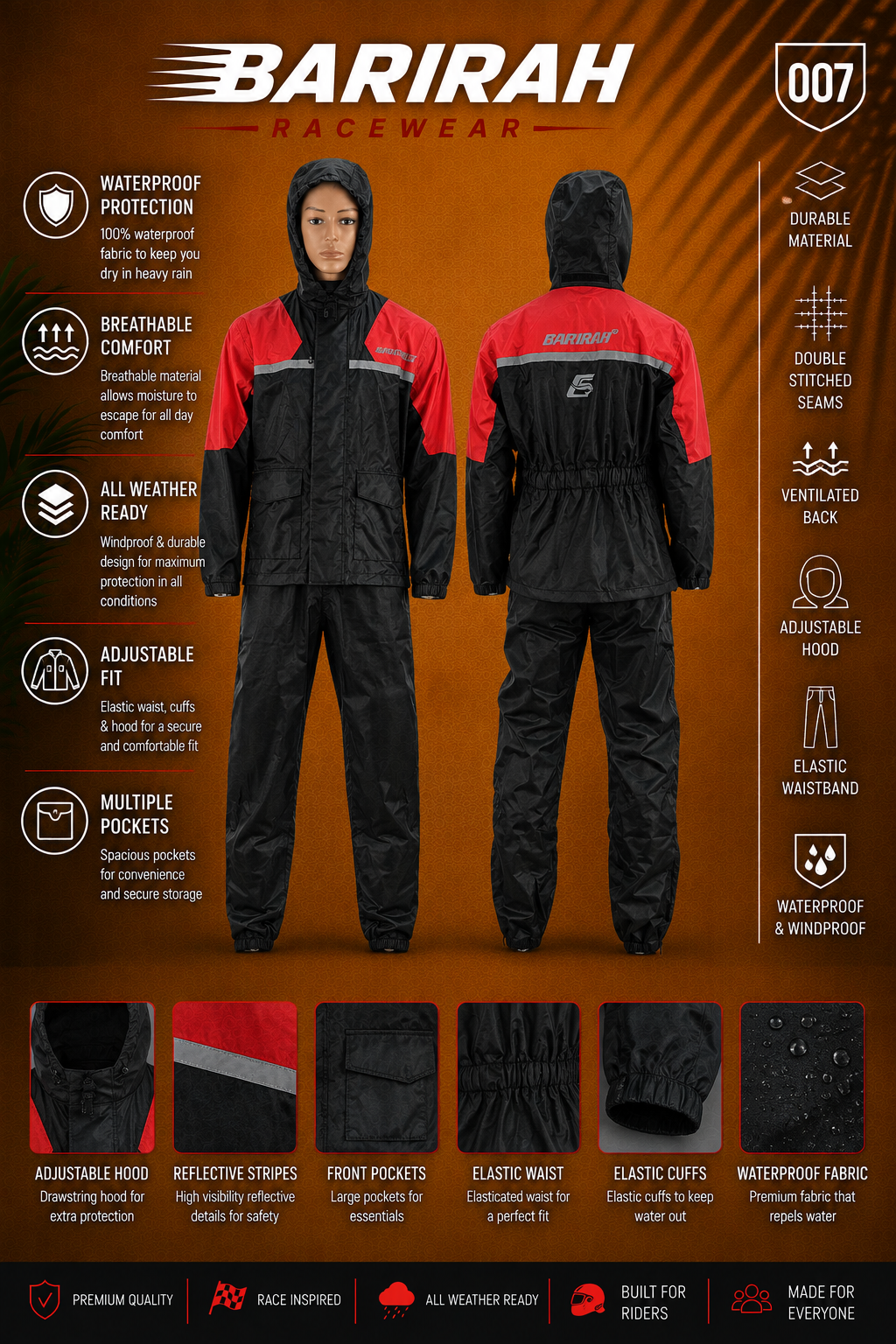 BARIRAH RACEWEAR Motorcycle Rain Suit for Men and Women Weatherproof All-Season Riding Black/Red