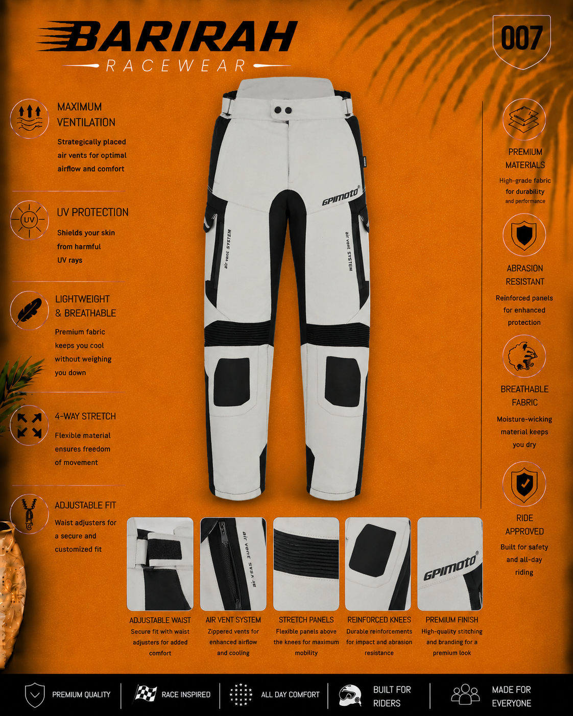 GPI MOTO Motorcycle Cargo Pants for - Regular Fit Riding Pants
