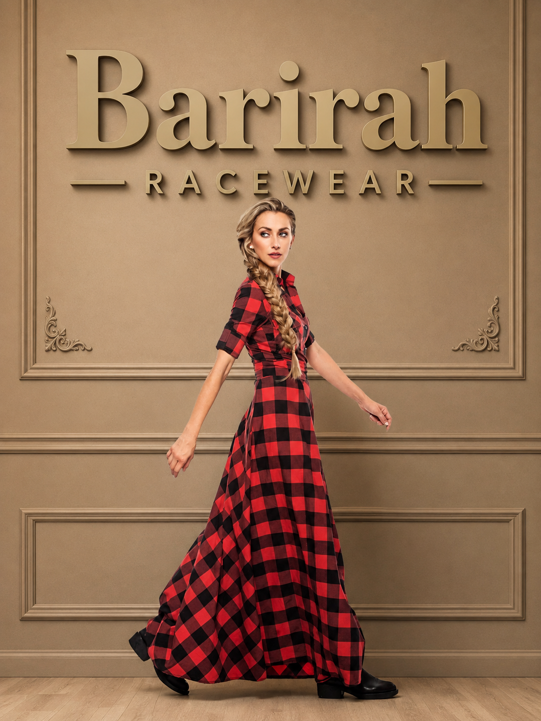 Barirah Racewear Women’s Red & Black Buffalo Plaid Gray White Maxi Shirt Dress – Long Sleeve Button-Up Flared Gown (Copy)