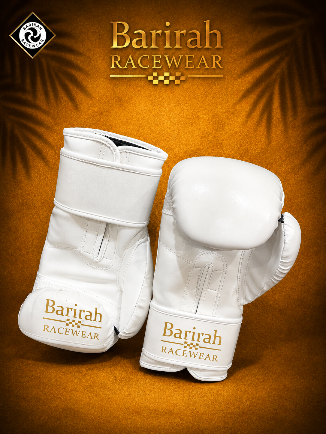 Barirah Racewear Professional Boxing Gloves – White & Gold Training, Sparring & Fight Gloves
