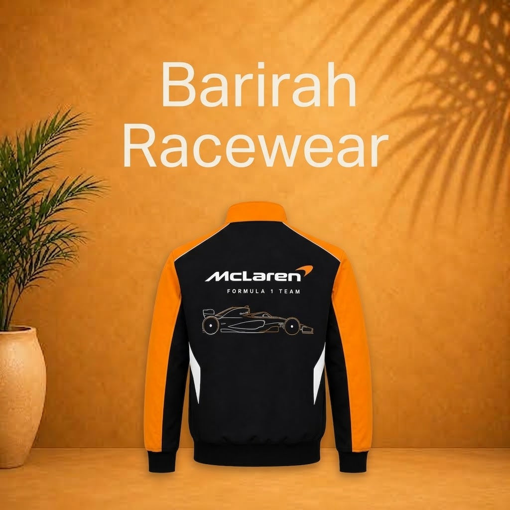 McLaren-Inspired Racing Jacket | Black & Orange Cotton Bomber | Barirah Racewear