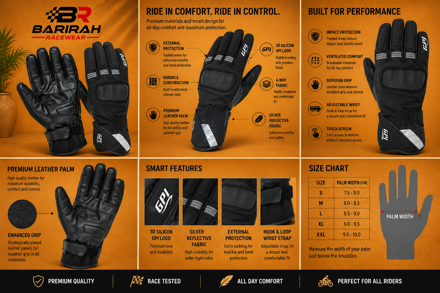 Barirah Racewear Softshell Water Proof Motorcycle Gloves Pair