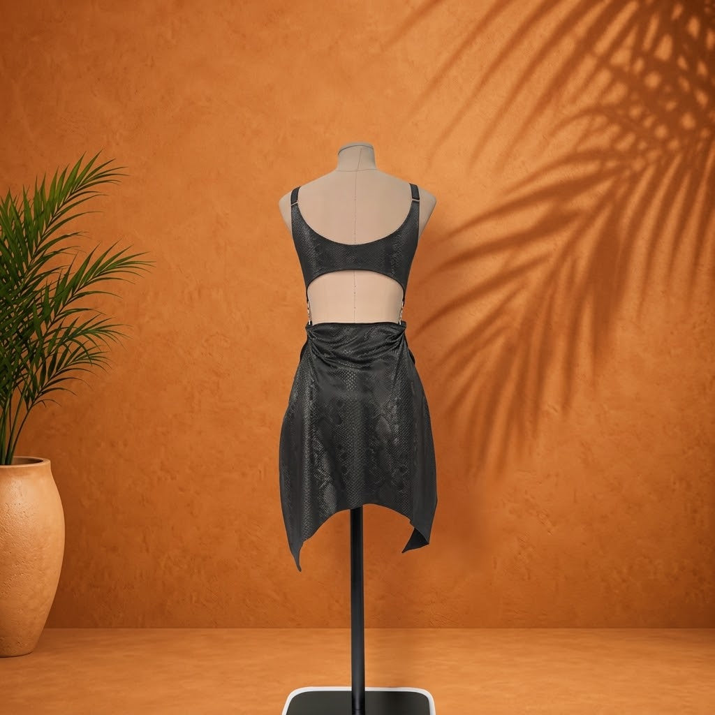 Glamorous black witch-inspired 2-piece outfit featuring a stylish snakeskin-look