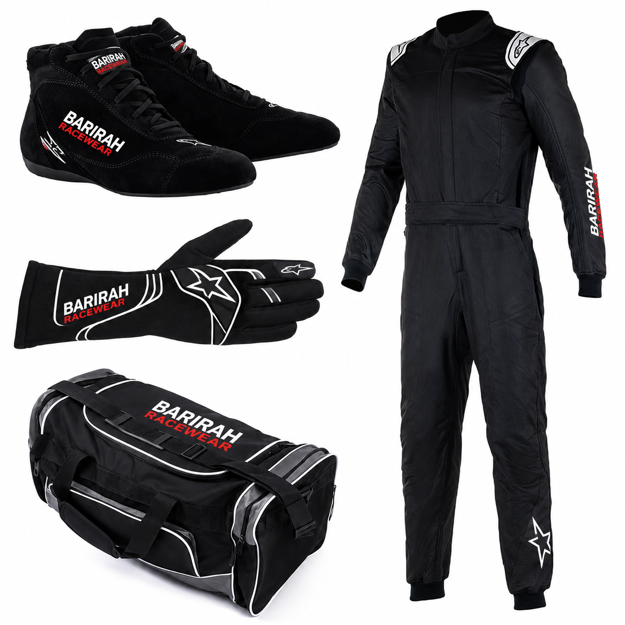 Barirah Racewear Complete Black Motorsport Racing Gear Set – Racing Suit, Shoes, Gloves & Gear Bag