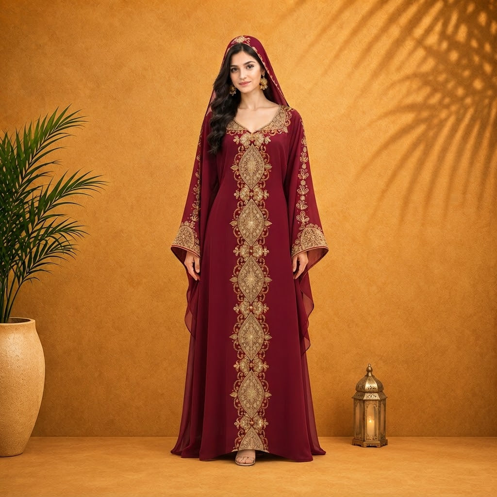 Elegant Burgundy Moroccan Kaftan Dress