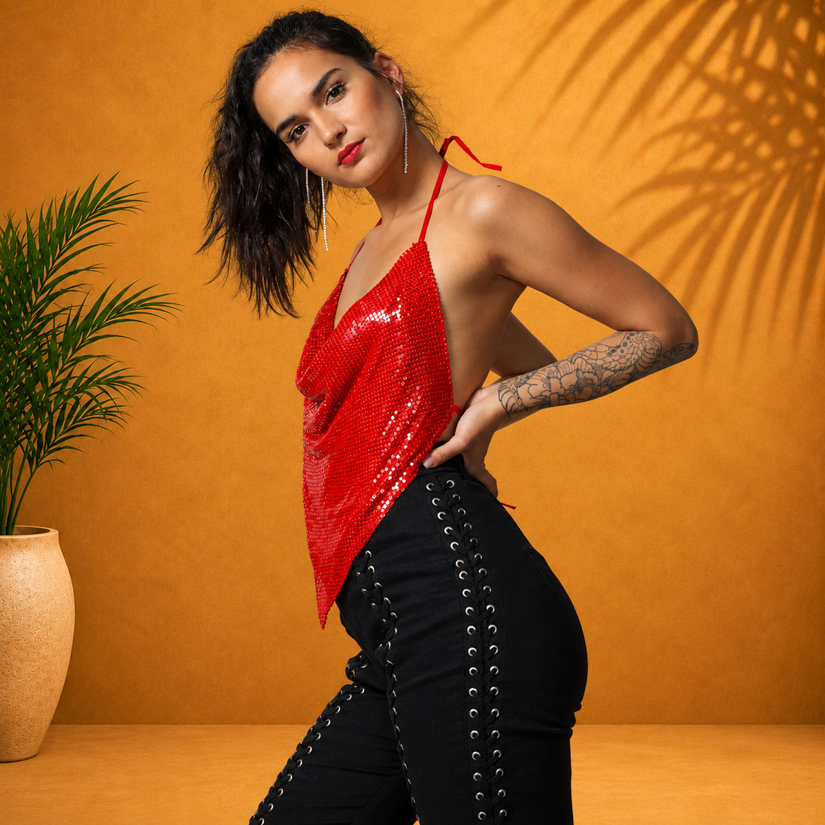 Red Glomesh Halter Top,