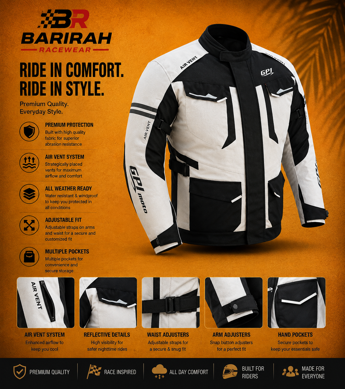 BARIRAH RACEWEAR Men’s All-Season 7 Pockets Waterproof High Premium Quality Motorcycle Jacket – Beach/Black