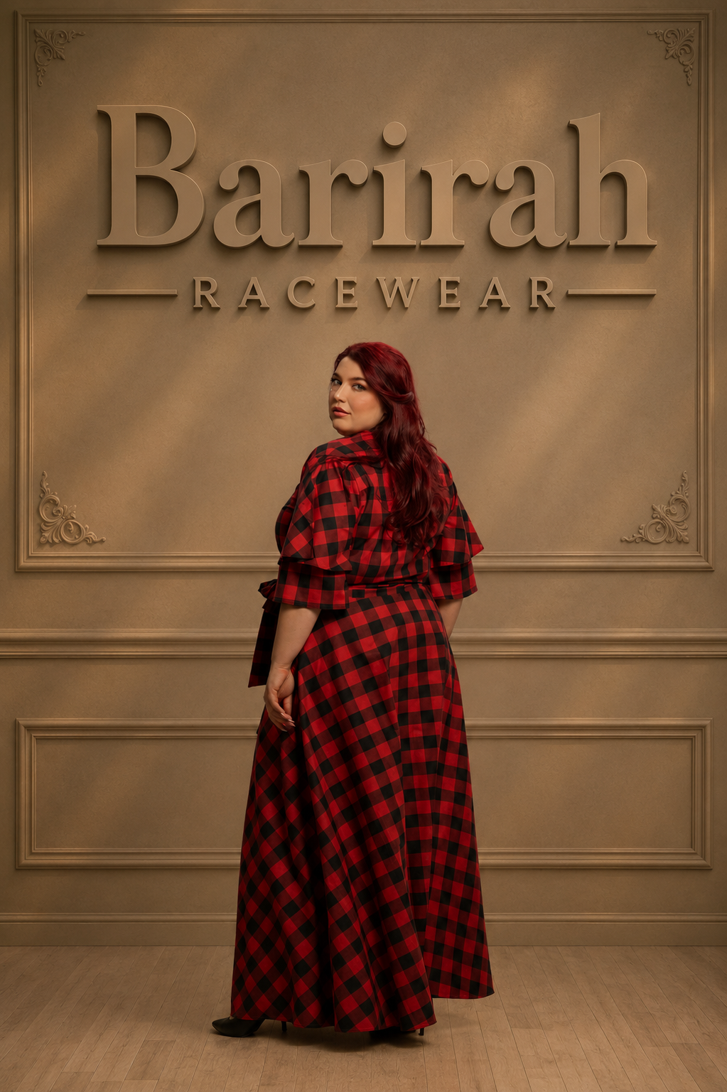 Barirah Racewear Women’s Red & Black Buffalo Plaid Maxi Shirt Dress – Long Sleeve Button-Up Flared Gown (Copy) (Copy)