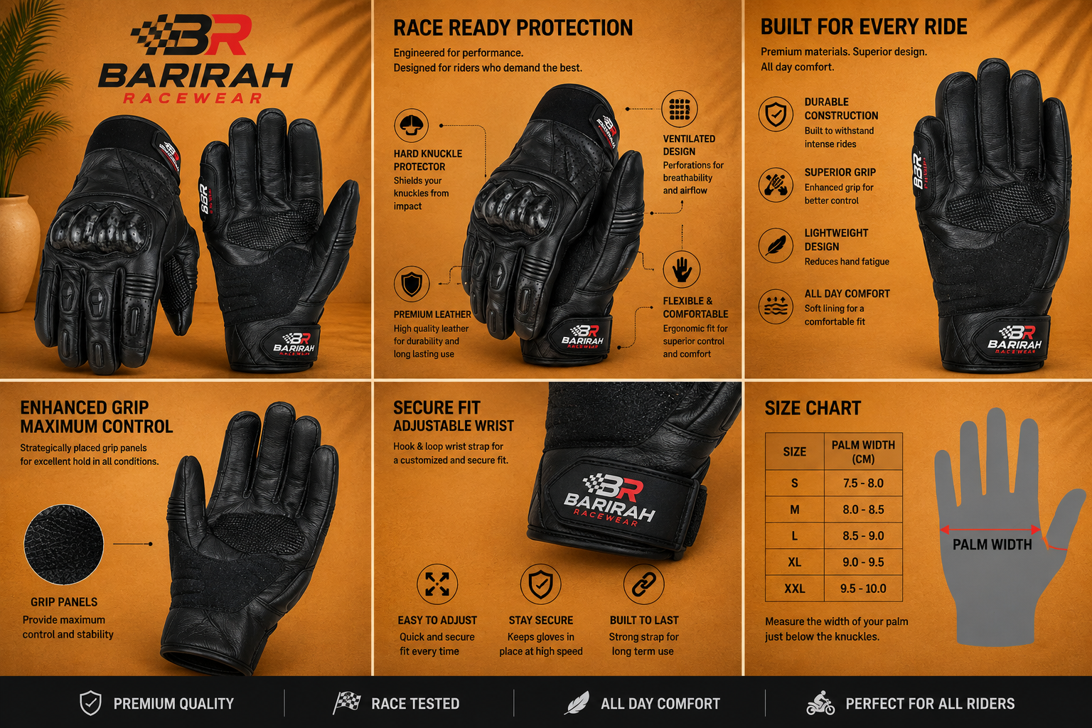 Barirah Racewear Pure Leather Motorcycle Full Black Gloves
