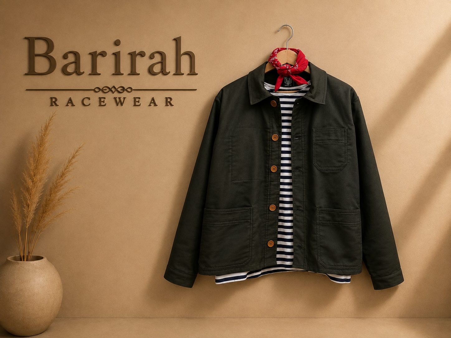 Barirah Racewear Men’s Black Utility Chore Jacket – Button-Up Workwear Coat with Multi-Pockets