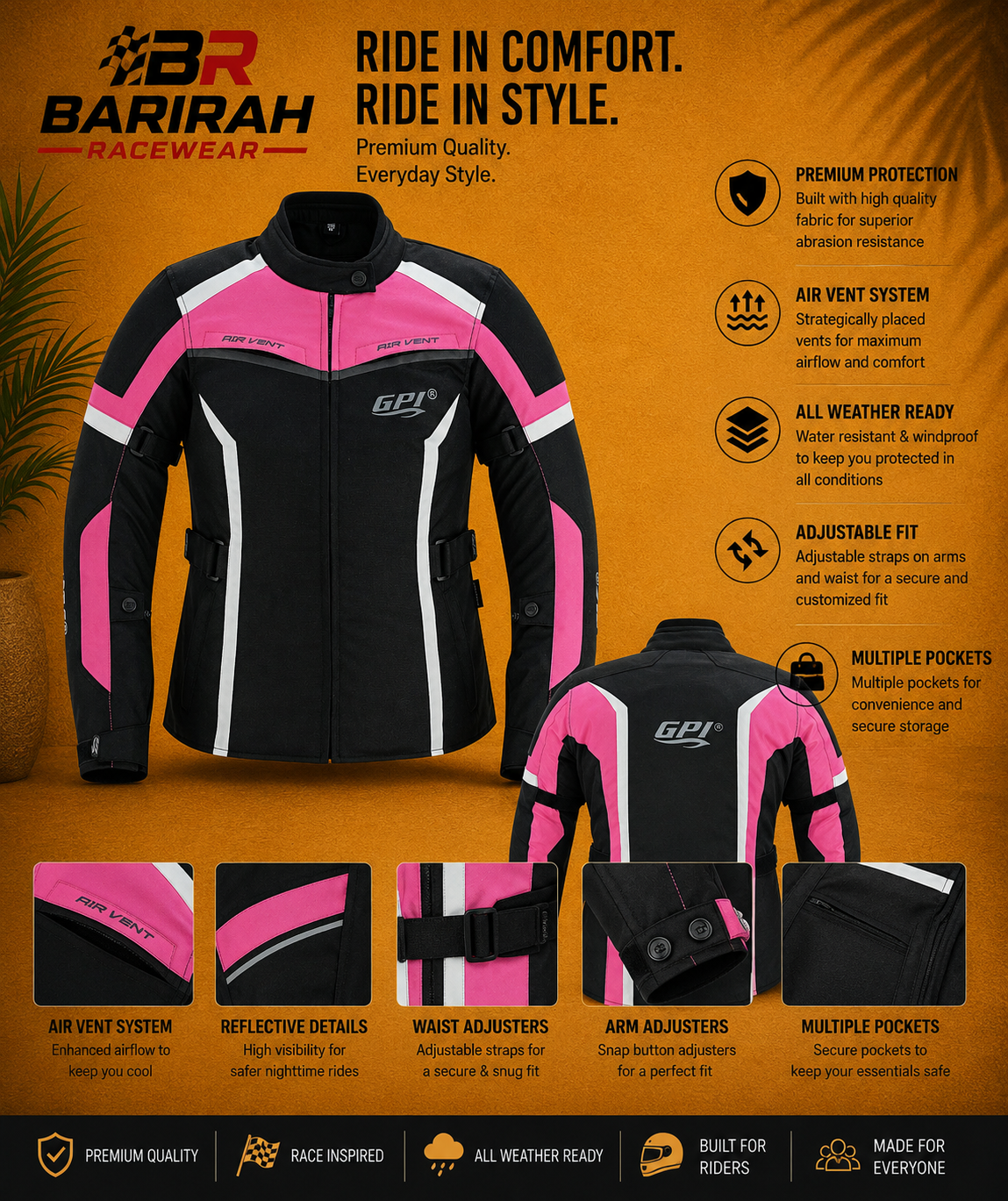 BARIRAH RACEWEAR Women’s All-Season High Premium Quality Soft Motorcycle Jacket with 4 Pockets – Pink/Black