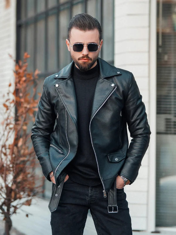Men's Black Genuine Leather Biker Jacket - Slim Fit Asymmetrical
