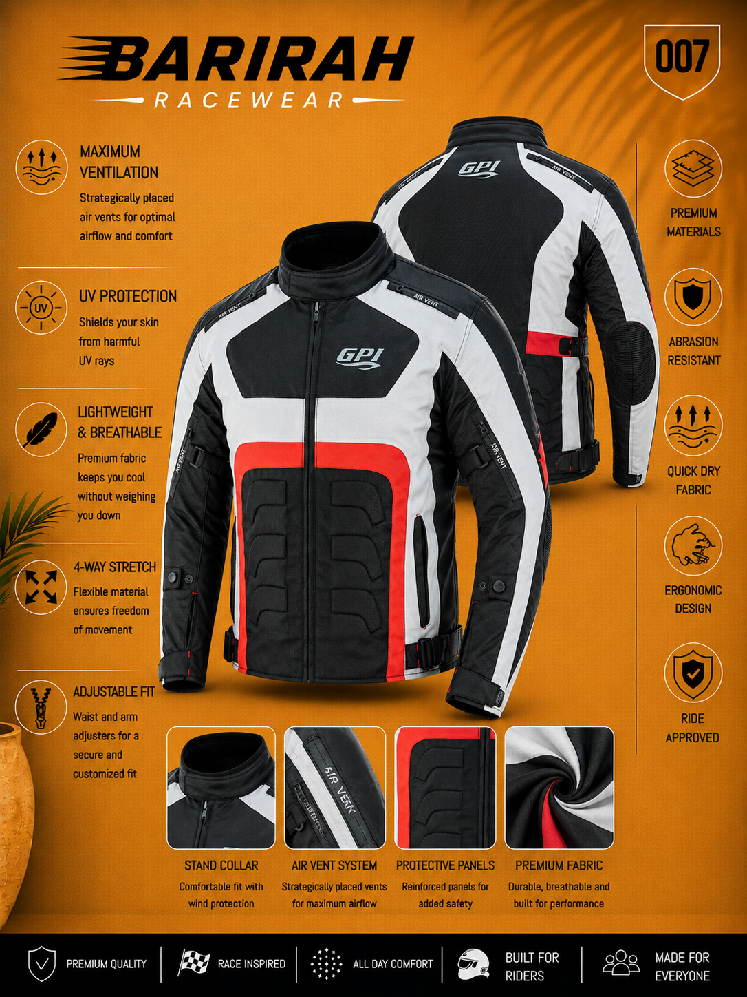 Men’s All-Season Premium Waterproof Motorcycle - Black/Beach/Red