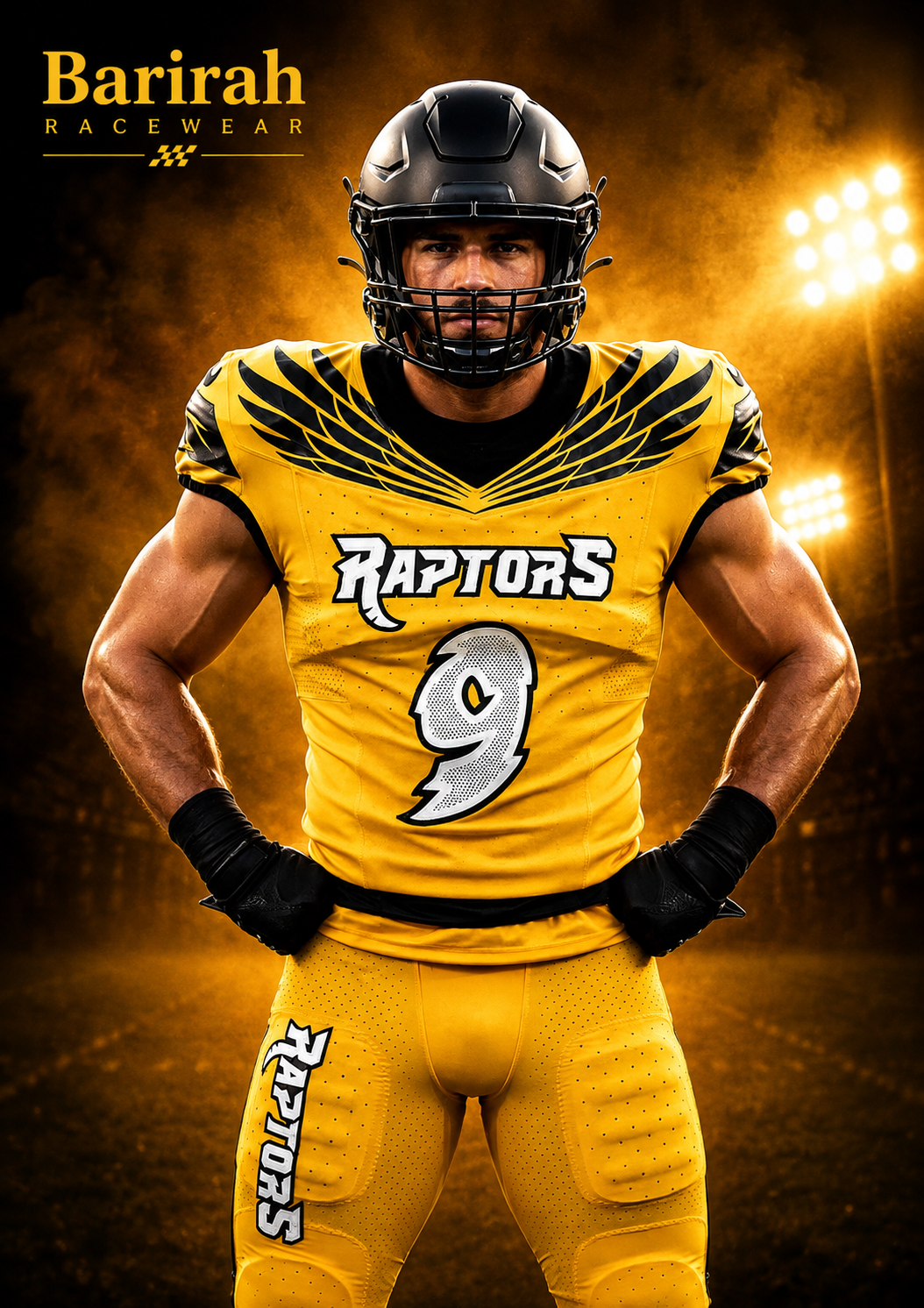 Barirah Racewear Men’s American Football Uniform – Yellow & Black No. 9 Jersey & Pants