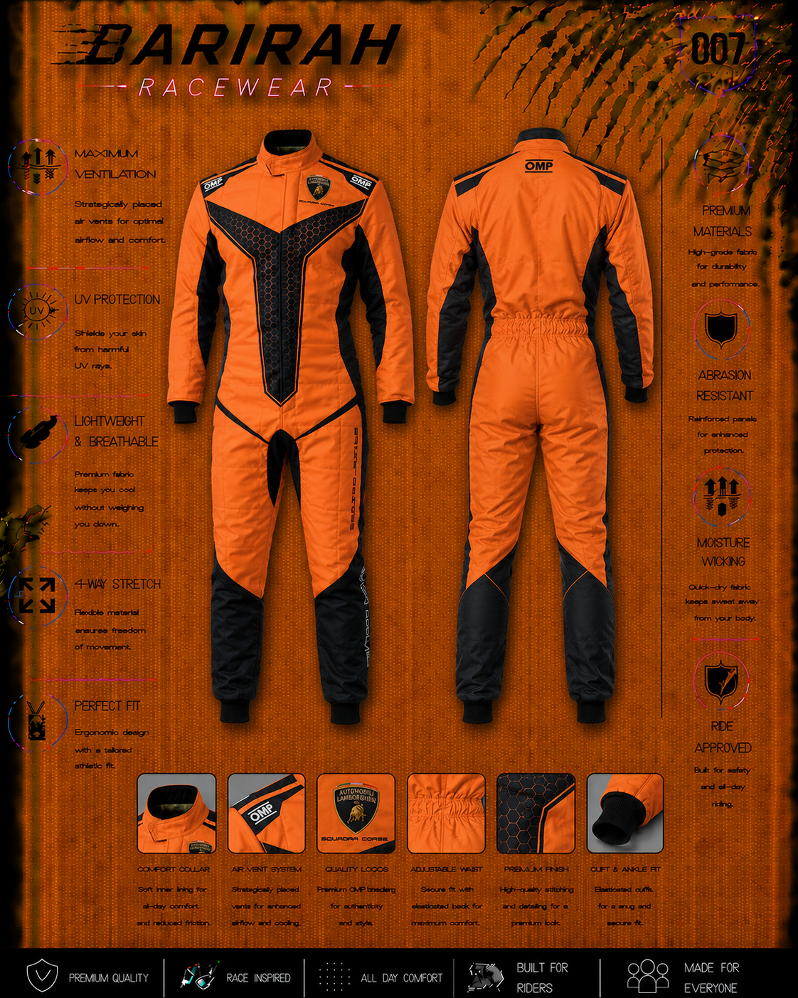 OMP Style Orange &amp; Black Go Kart Race Suit Digital Printed