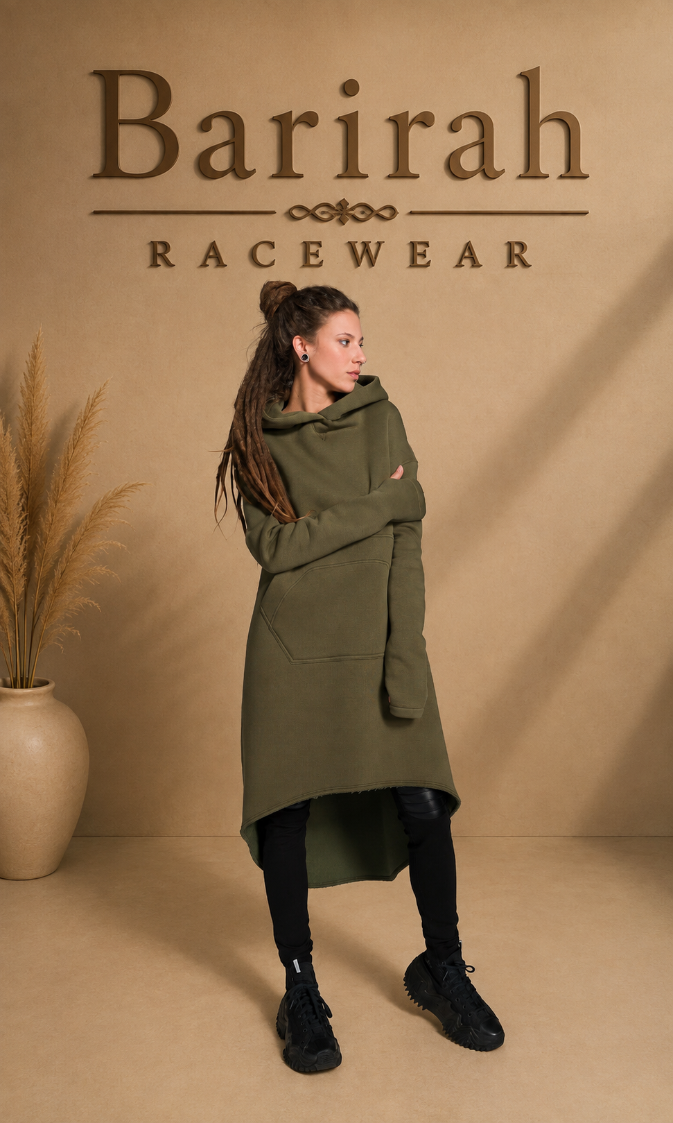 Barirah Racewear Women’s Olive Green Oversized Hoodie Dress – Long Sleeve High-Low Hooded Sweatshirt Tunic