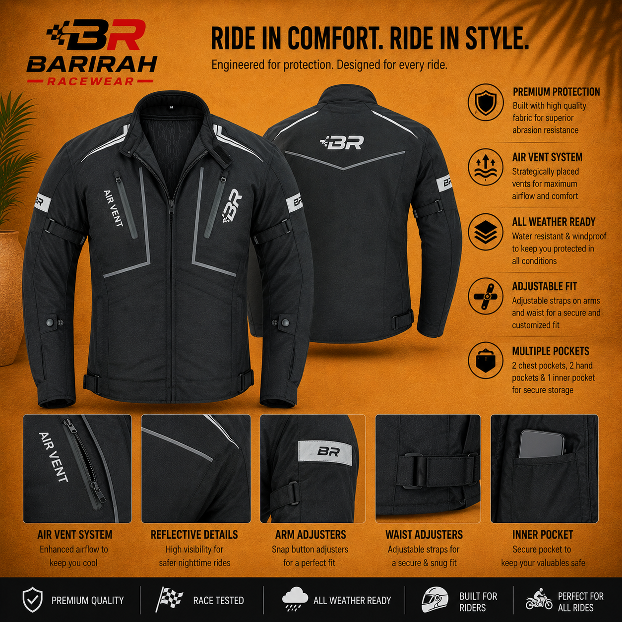 BARIRAH RACEWEAR Men’s All-Season High Premium Quality Soft Adjustable Motorcycle Jacket with 4 Pockets – Black
