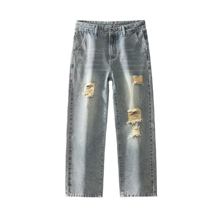 Men's Distressed Grey Washed Straight Leg - Relaxed Fit Cropped