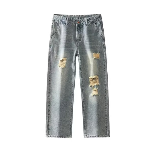 Men's Distressed Grey Washed Straight Leg Denim Jeans | Vintage Ripped Casual Cotton Jeans | Relaxed Fit Cropped Streetwear Denim Pants