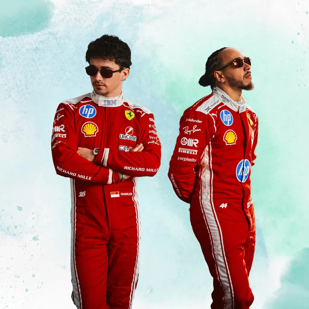 2026 Ferrari F1 replica racing suit featuring Charles Leclerc and Lewis Hamilton