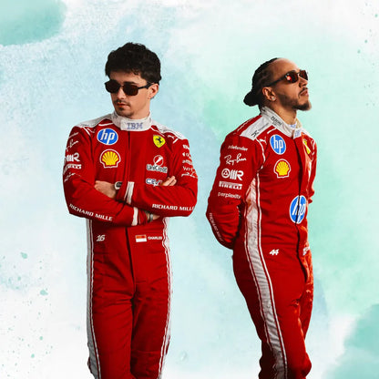 2026 Ferrari F1 replica racing suit featuring Charles Leclerc and Lewis Hamilton