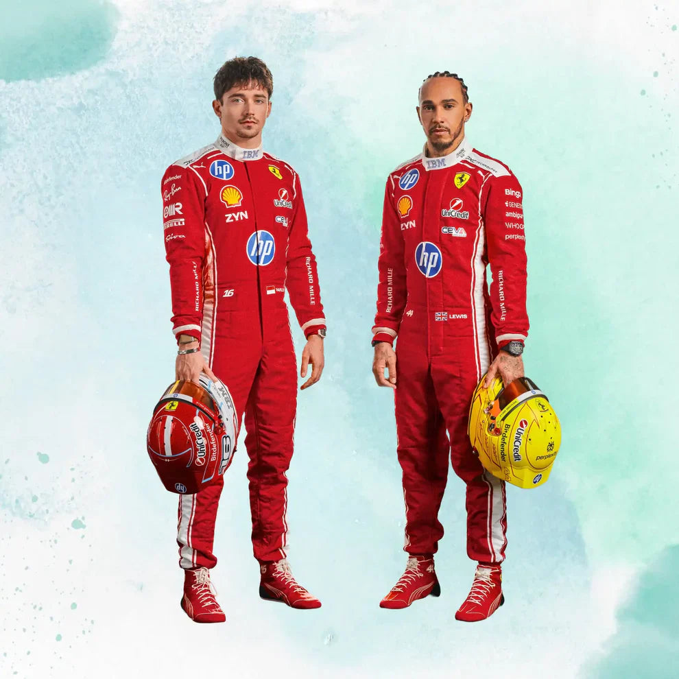 2026 Ferrari F1 replica racing suits featuring Charles Leclerc and Lewis Hamilton