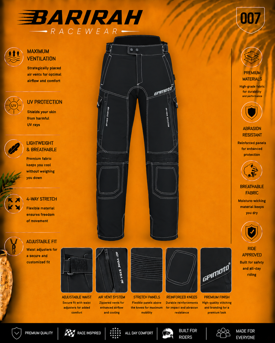 GPI MOTO Motorcycle Cargo Pants for - Regular Fit Riding Pants