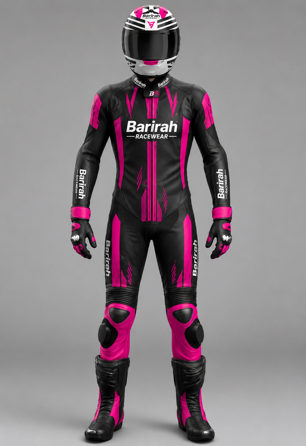 Barirah Racewear Premium One-Piece Leather Motorcycle Racing Suit – Professional Armored Sportbike Track Suit | Black & Pink