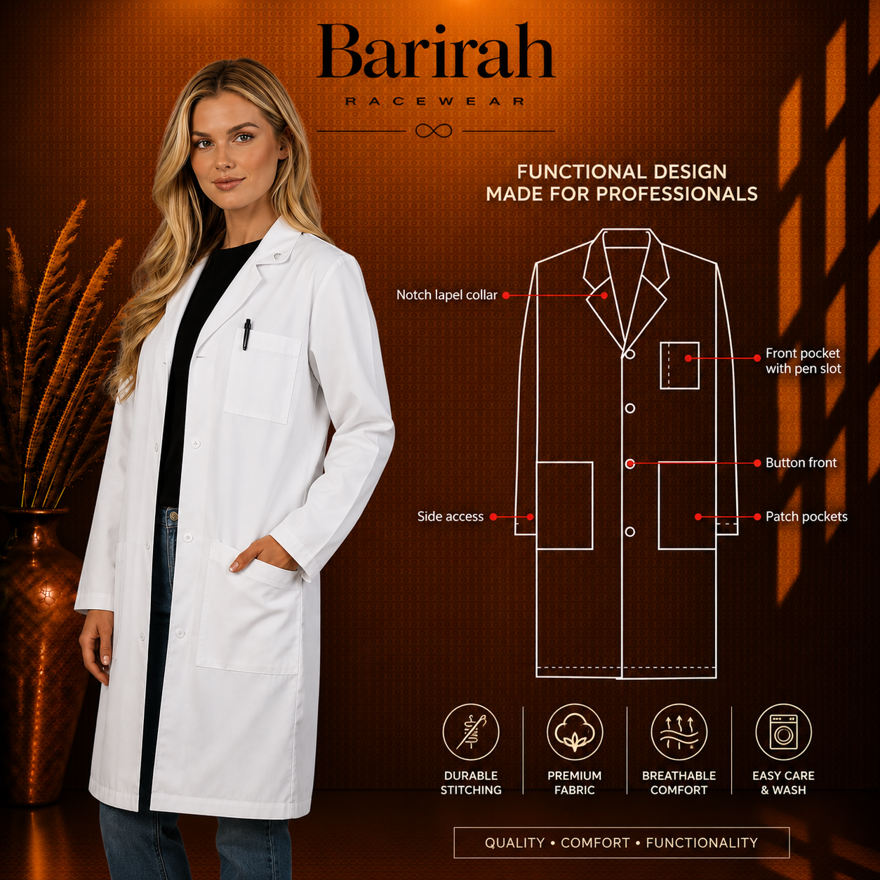 Heedfit Unisex 40 Inches Classic 3 Pockets Long Lab Coat