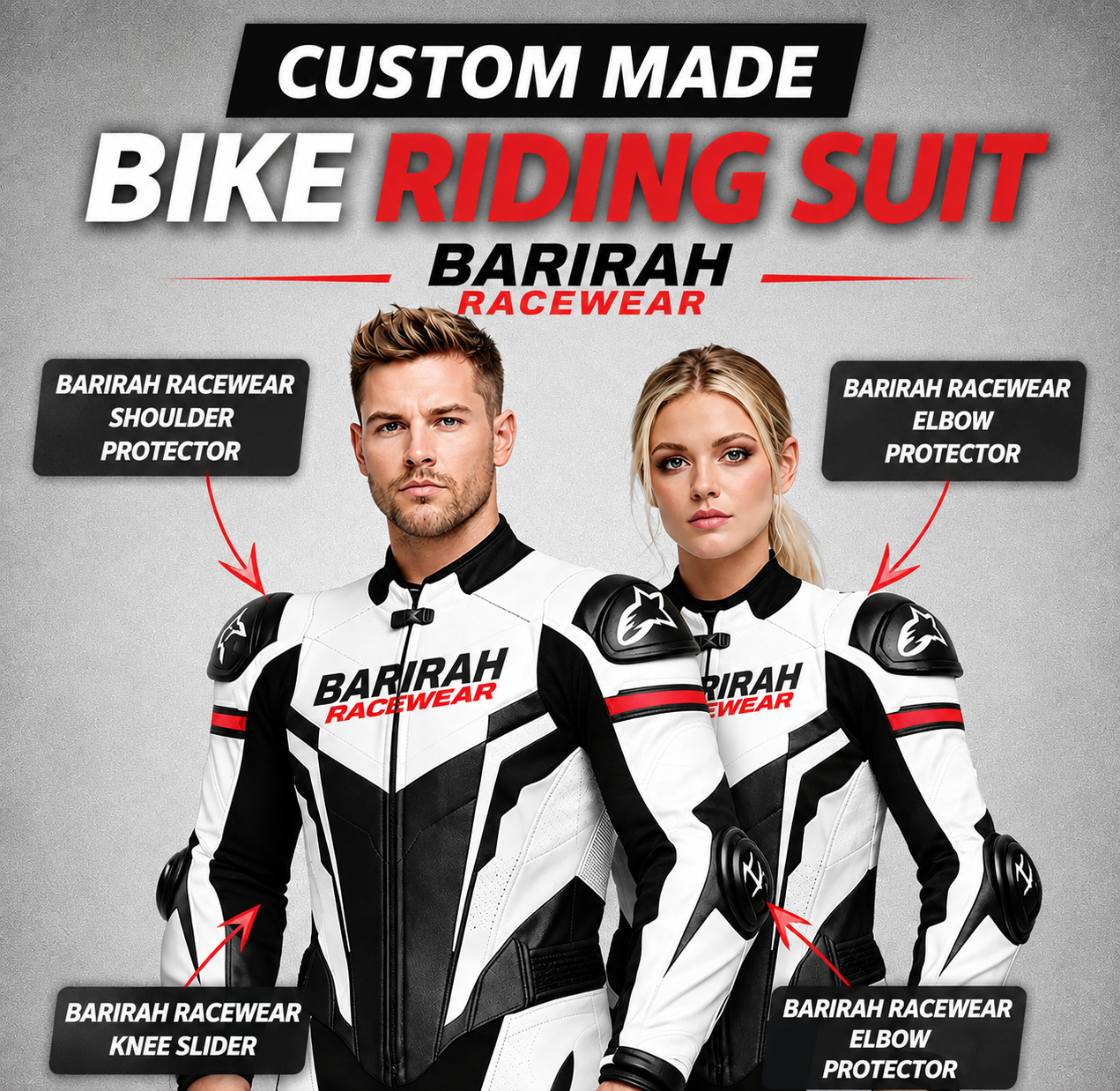 Barirah Racewear Custom Motorcycle Riding Suit – Men’s & Women’s Leather Racing Gear with Protectors