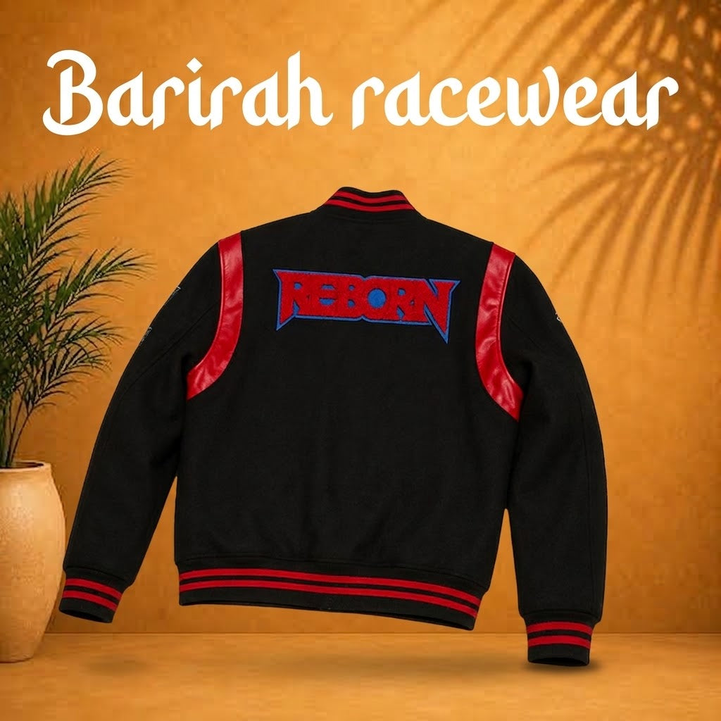 Retro Black & Red Racing Varsity Jacket | Embroidered Patch Bomber | Barirah Racewear