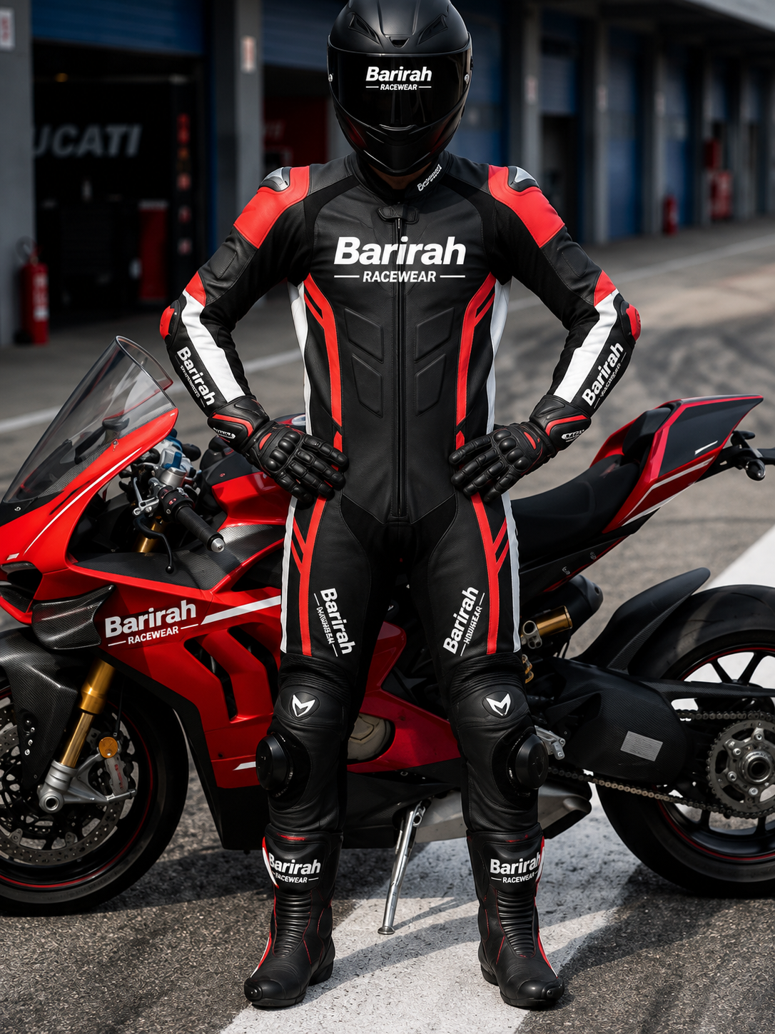 Barirah Racewear Premium One-Piece Leather Motorcycle Racing Suit – CE Armored Sportbike Track Suit | Professional Protective Riding Gear | Black/Red