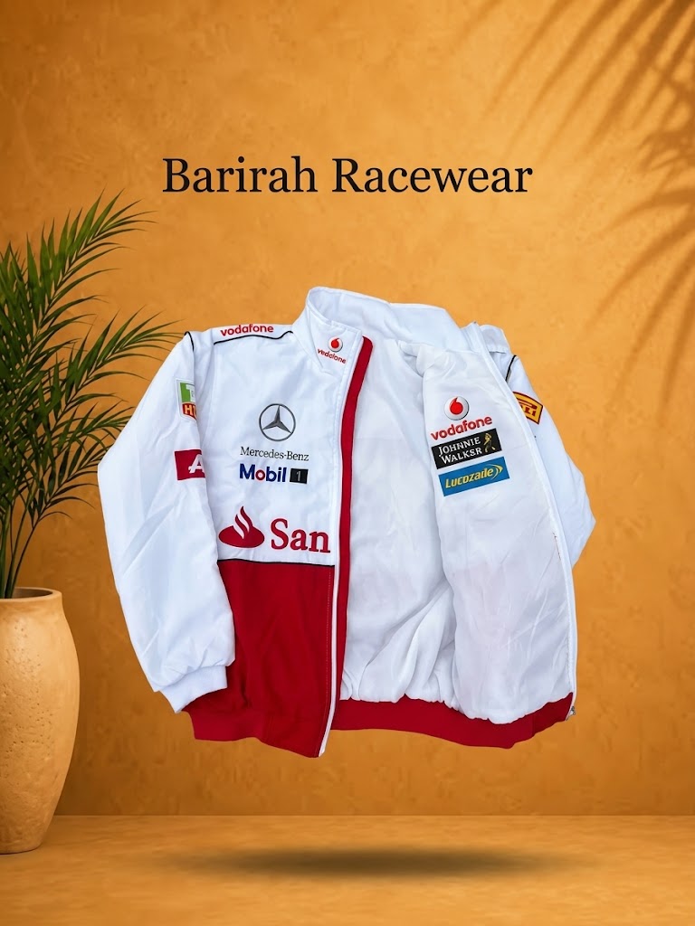 Men’s White & Red Racing Jacket | Vintage Motorsport Bomber | Barirah Racewear