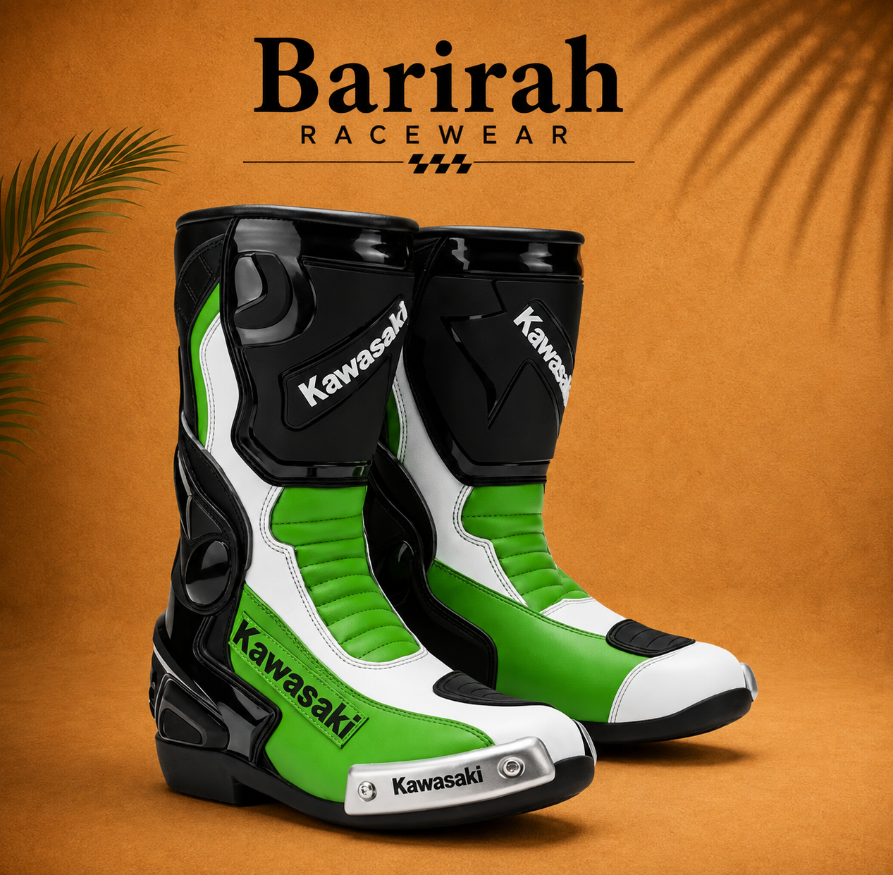 Barirah Racewear Motorcycle Racing Boots – Green, White & Black Protective Riding Boots