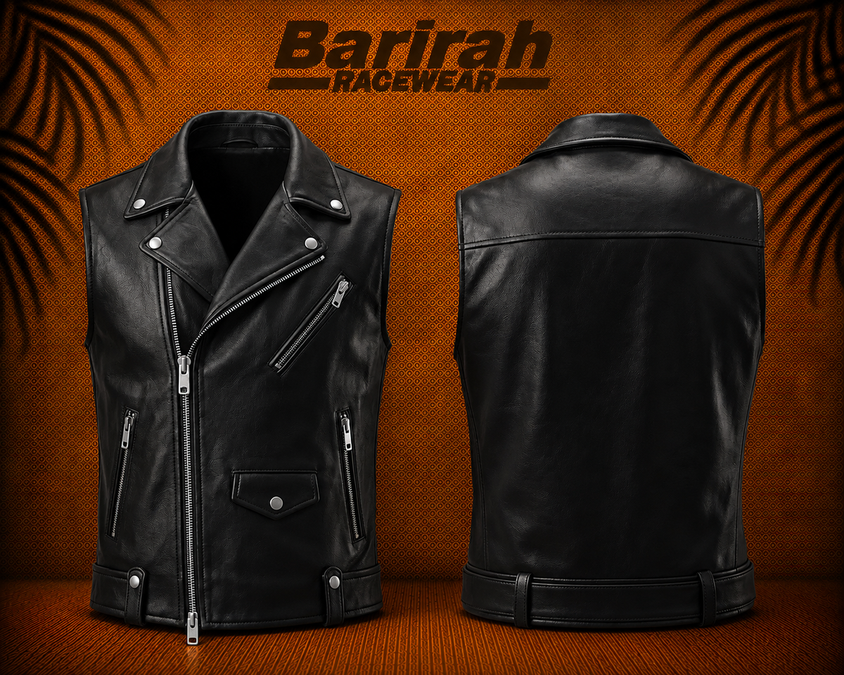Barirah Racewear Men’s Black Genuine Leather Biker Jacket waistcoat