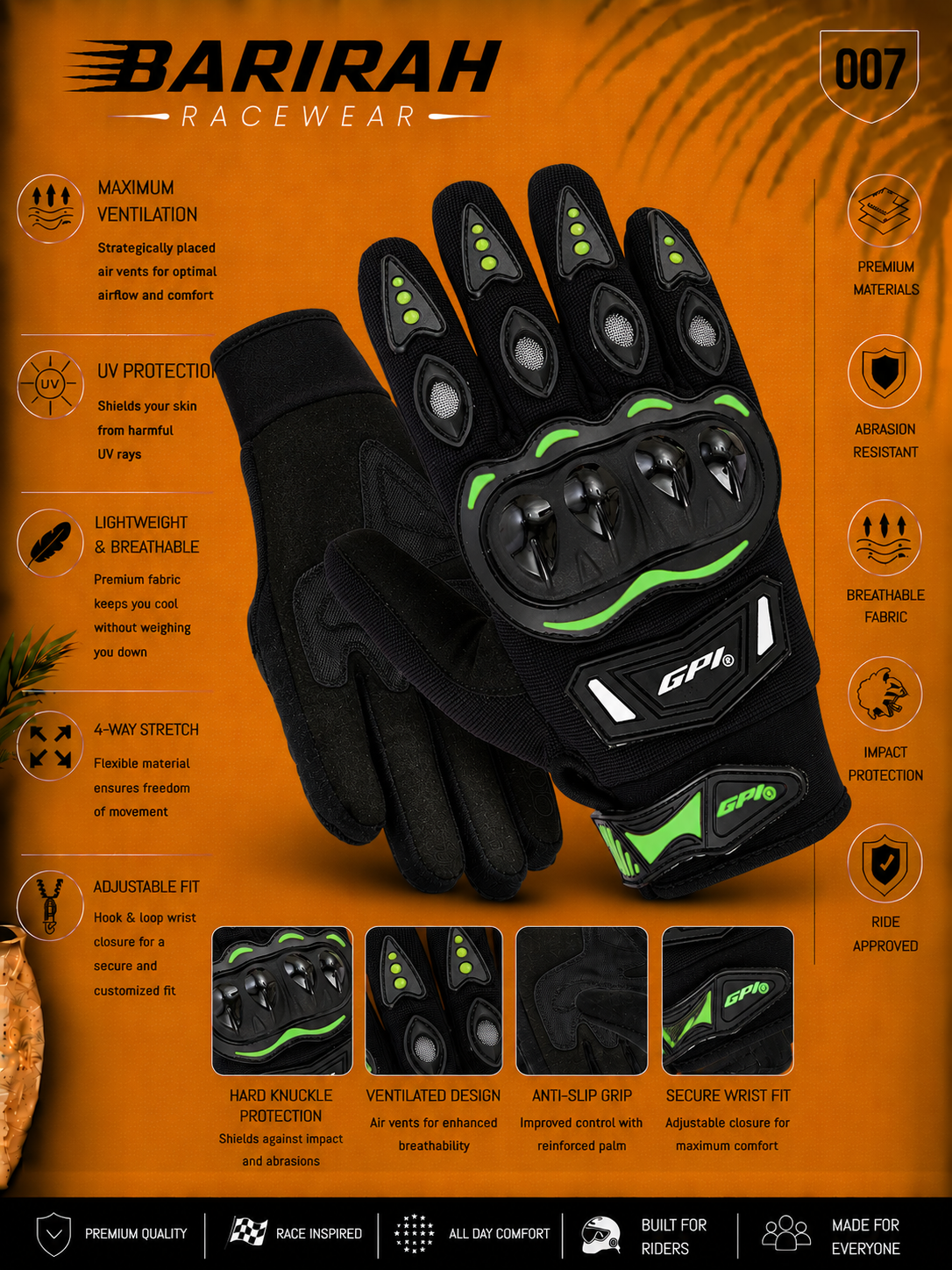 Premium Motorcycle Green Gloves - Superior Comfort, Grip &