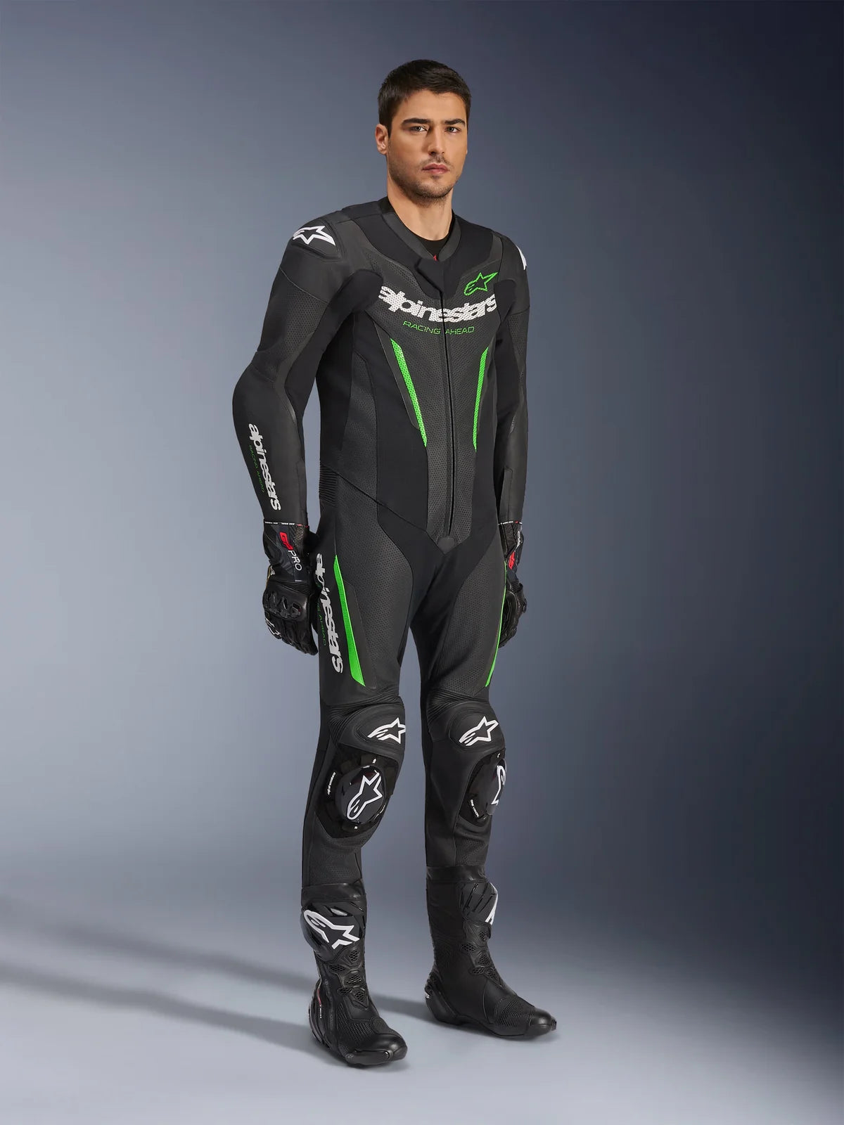 Alpinestars GP Force V2 Leather Racing Suit | Premium One-Piece Motorcycle Riding Suit | CE Armor Track & Street Protective Gear | Black & Green