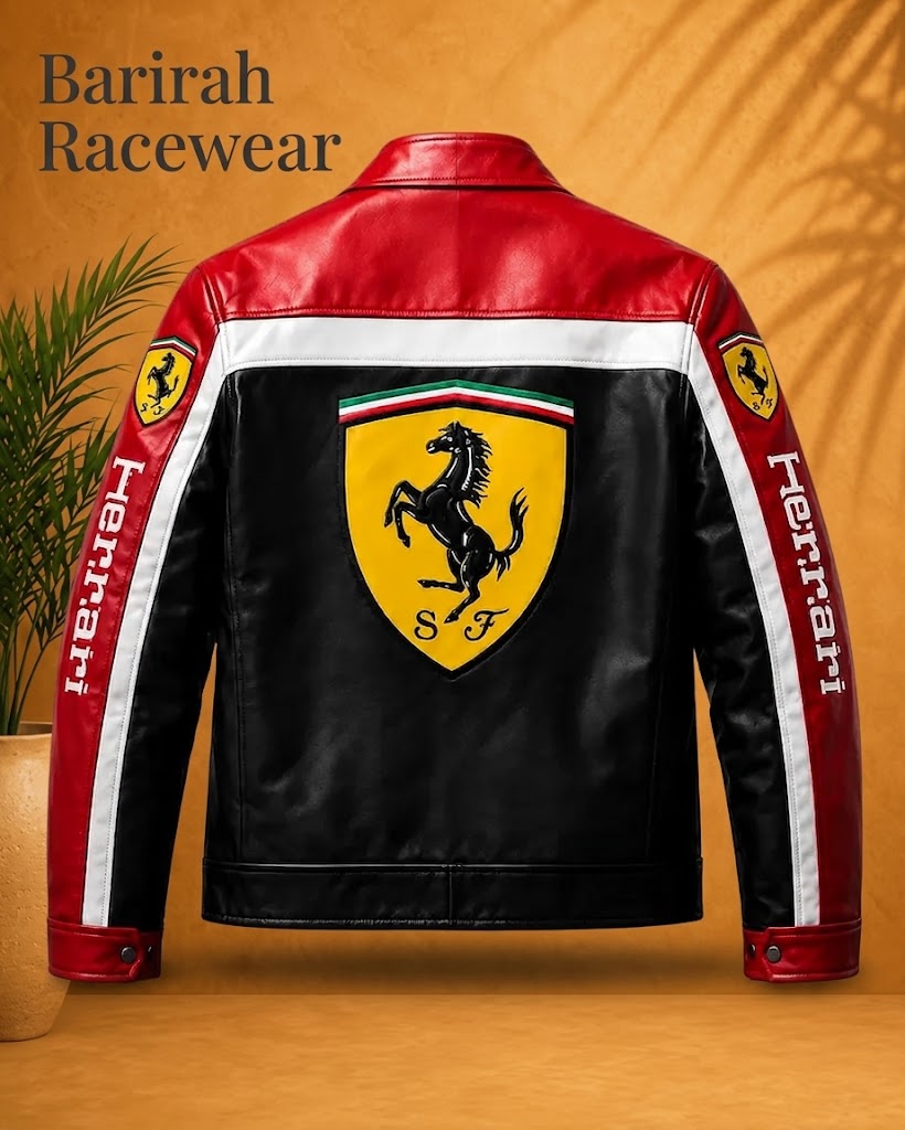 Ferrari-Style Cowhide Leather Racing Jacket | Black & Red Biker Coat | Barirah Racewear